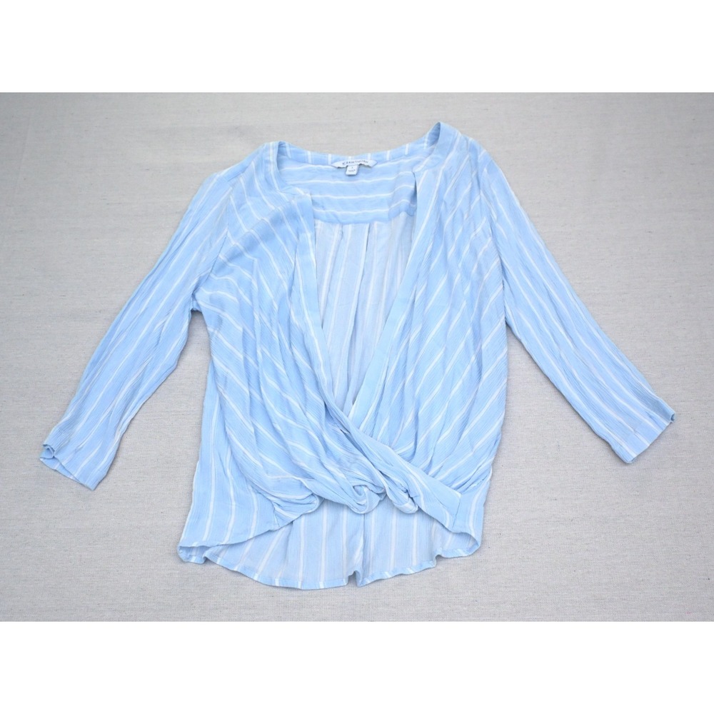 41 Hawthorn Womens L Twist Front Blouse Light Blue White Stripe 3/4 Sleeve Soft